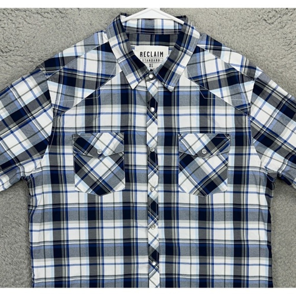 Reclaim Standard Mens Western‎ Shirt XL Blue Flap Pockets Pearl Snap Button Down
